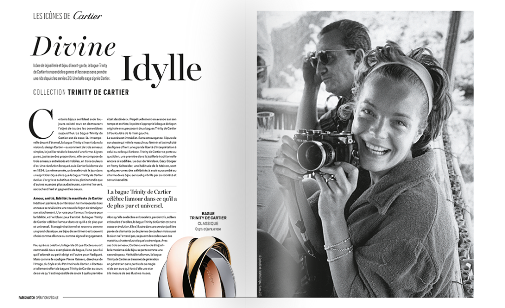 Visuel de la double-page Paris Match avec une photo d'archive de Romy Schneider et une photo de la bague Trinity de Cartier