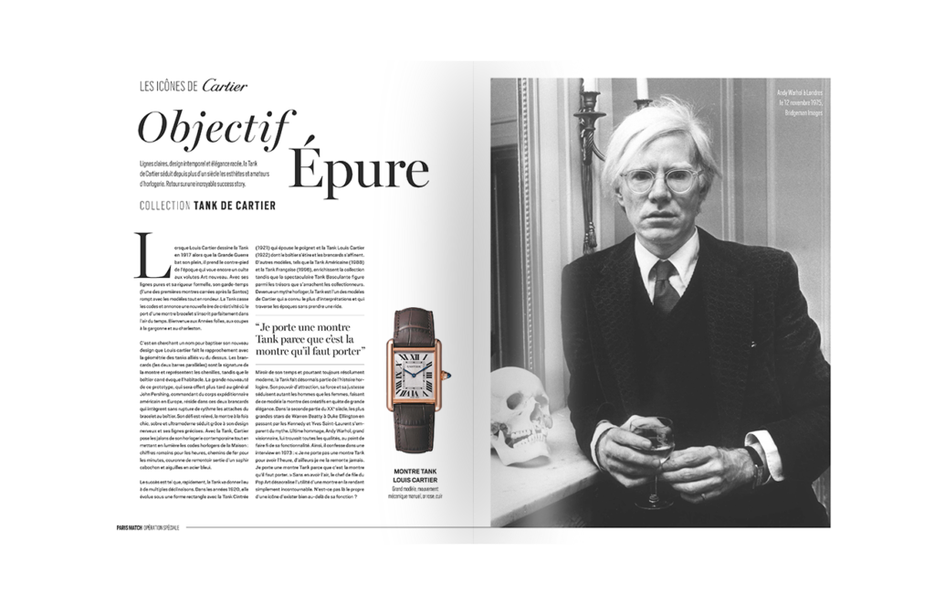 Visuel de la double-page Paris Match avec une photo d'archive de Andy Warhol et une photo de la montre Tank Louis Cartier